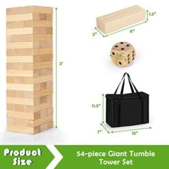 Costzon Giant Tumbling Timber Toy, 54 PCS Wooden Block Stacking Game W/Convenient Carrying Bag, Attached Dice, Curved Edge, Solid Pine Wood, Perfect For Wedding, Game Night, Family Gathering, Natural -BEYBLADE Sale Store 41DXTvLFm4L
