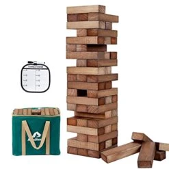 ApudArmis Giant Tumble Tower (Stack From 2Ft To Over 4.2Ft), 54 PCS Pine Wooden Stacking Timber Game With 1 Dice Set - Classic Block Giant Outdoor Game For Teens Adults Family(Brown)