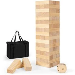 Costzon Giant Tumbling Timber Toy, 54 PCS Wooden Block Stacking Game W/Convenient Carrying Bag, Attached Dice, Curved Edge, Solid Pine Wood, Perfect For Wedding, Game Night, Family Gathering, Natural