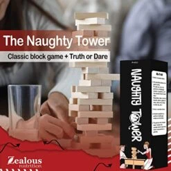 Zealous Nutrition Stacking Wooden Block Game For Grown Ups – Couple Dare Questions – All Genders & Relationships – Exciting, Pleasing, & Funny Challenges - Make Date & Game Night Fun W/ 54 Pieces