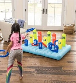 HearthSong Giant Inflatable Ring Toss Backyard Carnival Game With 60 Inch Vinyl Inflatable Scoring Mat With Scoring Posts, 8 Inflatable Rings Included