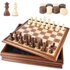 VAMSLOVE Chess And Checkers Board Game Sets For Adults Wooden Deluxe 15 Inch Wood Board Box With Storage Slots, Classic 2 In 1 Large Size With Weighted Chess Pieces - 3” King Height - 2 Extra Queens