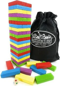 Matty's Mix-Up 60pc Large Colorful Wooden Tumble Tower Deluxe Stacking Game With Storage Bag