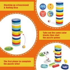 Atoylink Wooden Stacking Board Game For Kids 58 Pieces Animal Tumble Tower Stacking Building Blocks With Puzzle Flash Cards Toddler Games Montessori Educational Toys For 2 3 4 Year Old Boys Girls Gift