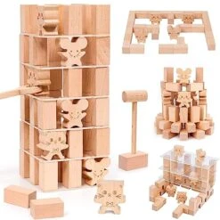Atoylink 63Pcs Wooden Stacking Board Games For Kids Toddler Tower Building Blocks With Acrylic Board Cat & Mouse Balancing Family Games Montessori Toys For For 2 3 4 Year Old Boys Girls Gift