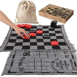 Jumbo Checkers Board Game Mat And Giant Tic Tac Toe 3-in-1 Set For Kids And Adults, Outdoor Toy Checker Rug With 24 Pcs And Storage Bag, Board Games For Family Night Party